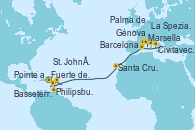 Visitando Fuerte de France (Martinica), Pointe a Pitre (Guadalupe), Philipsburg (St. Maarten), Basseterre (Antillas), St. John´s (Antigua y Barbuda), Santa Cruz de Tenerife (España), Barcelona, Marsella (Francia), Génova (Italia), La Spezia, Florencia y Pisa (Italia), Civitavecchia (Roma), Palma de Mallorca (España)
