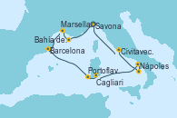 Visitando Savona (Italia), Bahía de las Calanques - Experiencia a bordo, Marsella (Francia), Barcelona, Portoflavia & Carloforte -  Experiencia a bordo, Cagliari (Cerdeña), Nápoles (Italia), Bahía de Capri - Experiencia a bordo, Civitavecchia (Roma), Savona (Italia)