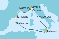 Visitando Savona (Italia), Marsella (Francia), Barcelona, Palma de Mallorca (España), Palermo (Italia), Civitavecchia (Roma), Génova (Italia)