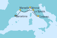 Visitando Barcelona, Marsella (Francia), Génova (Italia), Civitavecchia (Roma), La Spezia, Florencia y Pisa (Italia), Marsella (Francia)