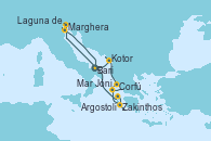 Visitando Bari (Italia), Kotor (Montenegro), Corfú (Grecia), Mar Jónico - Experiencia a bordo, Mar Jónico - Experiencia a bordo, Zakinthos (Grecia), Argostoli (Grecia), Marghera (Venecia/Italia), Laguna de Venecia - Experiencia a bordo, Bari (Italia)