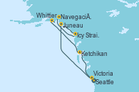 Visitando Seattle (Washington/EEUU), Juneau (Alaska), Icy Strait Point (Alaska), Navegación por Glaciar Hubbard (Alaska), Whittier (Alaska), Ketchikan (Alaska), Victoria (Canadá), Seattle (Washington/EEUU)