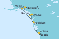 Visitando Seattle (Washington/EEUU), Ketchikan (Alaska), Icy Strait Point (Alaska), Glaciar Bay (Alaska), Navegación por Glaciar Hubbard (Alaska), Whittier (Alaska), Victoria (Canadá), Seattle (Washington/EEUU)