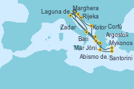 Visitando Marghera (Venecia/Italia)Laguna de Venecia - Experiencia a bordo, Bari (Italia), Corfú (Grecia), Mar Jónico - Experiencia a bordo, Mar Jónico - Experiencia a bordo, Argostoli (Grecia), Kotor (Montenegro), Zadar (Croacia), Rijeka (Croacia), Marghera (Venecia/Italia), Laguna de Venecia - Experiencia a bordo, Bari (Italia), Abismo de Calipso - Experiencia a bordo, Abismo de Calipso - Experiencia a bordo, Santorini (Grecia), Mykonos (Grecia), Argostoli (Grecia), Mar Jónico - Experiencia a bordo, Mar Jónico - Experiencia a bordo, Marghera (Venecia/Italia)