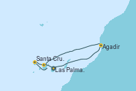 Visitando Las Palmas de Gran Canaria (España), Agadir (Marruecos), Santa Cruz de Tenerife (España), Santa Cruz de Tenerife (España), Santa Cruz de la Palma (España), Las Palmas de Gran Canaria (España), Las Palmas de Gran Canaria (España)