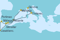 Visitando Alicante (España), Civitavecchia (Roma), Génova (Italia), Marsella (Francia), Málaga, Portimao (Portugal), Casablanca (Marruecos), Gibraltar (Inglaterra) y Alicante (España)