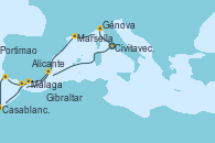 Visitando Civitavecchia (Roma), Génova (Italia), Marsella (Francia), Málaga, Portimao (Portugal), Casablanca (Marruecos), Gibraltar (Inglaterra), Alicante (España) y Civitavecchia (Roma)