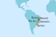 Visitando Salvador de Bahía (Brasil), Maceió (Brasil), Santos (Brasil), Río de Janeiro (Brasil), Buzios (Brasil), Salvador de Bahía (Brasil) Visitando Salvador de Bahía (Brasil), Maceió (Brasil), Santos (Brasil), Río de Janeiro (Brasil), Buzios (Brasil), Salvador de Bahía (Brasil)