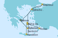 Visitando Atenas (Grecia), Estrecho de Dardanelos - Experiencia a bordo, Estambul (Turquía), Mykonos (Grecia), Bahía de Mykonos - Experiencia a bordo, Bahía de Mykonos - Experiencia a bordo, Heraklion (Creta), Rodas (Grecia), Santorini (Grecia), Santorini (Grecia), Atenas (Grecia)