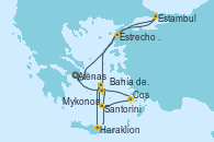 Visitando Atenas (Grecia), Estrecho de Dardanelos - Experiencia a bordo, Estambul (Turquía), Mykonos (Grecia), Bahía de Mykonos - Experiencia a bordo, Bahía de Mykonos - Experiencia a bordo, Heraklion (Creta), Santorini (Grecia), Santorini (Grecia), Cos (Grecia), Atenas (Grecia)
