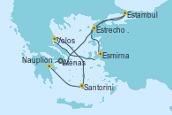 Visitando Atenas (Grecia), Estrecho de Dardanelos - Experiencia a bordo, Estambul (Turquía), Esmirna (Turquía), Volos (Grecia), Santorini (Grecia), Nauplion (Grecia), Atenas (Grecia)