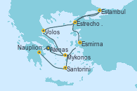 Visitando Atenas (Grecia), Mykonos (Grecia), Volos (Grecia), Estrecho de Dardanelos - Experiencia a bordo, Estambul (Turquía), Esmirna (Turquía), Santorini (Grecia), Nauplion (Grecia), Atenas (Grecia)