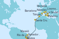 Visitando Río de Janeiro (Brasil), Buzios (Brasil), Salvador de Bahía (Brasil), Maceió (Brasil), Santa Cruz de Tenerife (España), Tánger (Marruecos), Barcelona, La Goulette (Tunez), Palermo (Italia), Nápoles (Italia), Livorno, Pisa y Florencia (Italia) y Marsella (Francia)