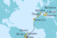 Visitando Río de Janeiro (Brasil), Buzios (Brasil), Salvador de Bahía (Brasil), Maceió (Brasil), Santa Cruz de Tenerife (España), Tánger (Marruecos), Barcelona, La Goulette (Tunez), Palermo (Italia) y Nápoles (Italia)