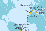 Visitando Santos (Brasil), Río de Janeiro (Brasil), Buzios (Brasil), Salvador de Bahía (Brasil), Maceió (Brasil), Santa Cruz de Tenerife (España), Tánger (Marruecos), Barcelona, La Goulette (Tunez), Palermo (Italia), Nápoles (Italia) y Livorno, Pisa y Florencia (Italia)