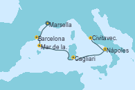 Visitando Marsella (Francia), Barcelona, Mar de las Baleares - Experiencia a bordo, Mar de las Baleares - Experiencia a bordo, Cagliari (Cerdeña), Nápoles (Italia), Civitavecchia (Roma)