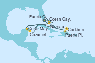 Visitando Puerto Cañaveral (Florida), Ocean Cay MSC Marine Reserve (Bahamas), Cockburn Town (Islas turcas y Caicos), Puerto Plata, Republica Dominicana, Nassau (Bahamas), Puerto Cañaveral (Florida), Ocean Cay MSC Marine Reserve (Bahamas), Costa Maya (México), Cozumel (México), Nassau (Bahamas), Puerto Cañaveral (Florida)