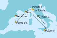 Visitando Civitavecchia (Roma), Palermo (Italia), La Spezia, Florencia y Pisa (Italia), La Spezia, Florencia y Pisa (Italia), Portofino (Italia), Niza (Francia), Palma de Mallorca (España), Barcelona Visitando Civitavecchia (Roma), Palermo (Italia), La Spezia, Florencia y Pisa (Italia), La Spezia, Florencia y Pisa (Italia), Portofino (Italia), Niza (Francia), Palma de Mallorca (España), Barcelona