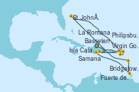 Visitando La Romana (República Dominicana), Isla Catalina (República Dominicana), Bridgetown (Barbados), Fuerte de France (Martinica), St. John´s (Antigua y Barbuda), Virgin Gorda (Islas Virgenes), La Romana (República Dominicana), Samana (República Dominicana), Virgin Gorda (Islas Virgenes), Basseterre (Antillas), Philipsburg (St. Maarten), Isla Catalina (República Dominicana), La Romana (República Dominicana)