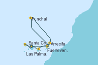 Visitando Santa Cruz de Tenerife (España), Fuerteventura (Canarias/España), Funchal (Madeira), Arrecife (Lanzarote/España), Las Palmas de Gran Canaria (España), Santa Cruz de la Palma (España), Santa Cruz de Tenerife (España)