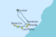 Visitando Funchal (Madeira), Arrecife (Lanzarote/España), Las Palmas de Gran Canaria (España), Santa Cruz de la Palma (España), Santa Cruz de Tenerife (España), Fuerteventura (Canarias/España) y Funchal (Madeira)