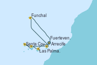 Visitando Arrecife (Lanzarote/España), Las Palmas de Gran Canaria (España), Santa Cruz de la Palma (España), Santa Cruz de Tenerife (España), Fuerteventura (Canarias/España), Funchal (Madeira), Arrecife (Lanzarote/España)