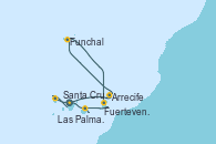 Visitando Santa Cruz de Tenerife (España), Arrecife (Lanzarote/España), Funchal (Madeira), Fuerteventura (Canarias/España), Las Palmas de Gran Canaria (España), Santa Cruz de la Palma (España), Santa Cruz de Tenerife (España)