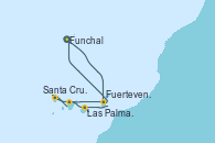 Visitando Funchal (Madeira), Fuerteventura (Canarias/España), Las Palmas de Gran Canaria (España), Santa Cruz de la Palma (España), Santa Cruz de Tenerife (España), Fuerteventura (Canarias/España), Funchal (Madeira)