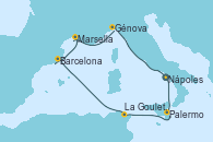 Visitando Nápoles (Italia), Palermo (Italia), La Goulette (Tunez), Barcelona, Marsella (Francia), Génova (Italia), Nápoles (Italia)