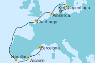 Visitando Kiel (Alemania), Copenhague (Dinamarca), Ámsterdam (Holanda), Cherburgo (Francia), Gibraltar (Inglaterra), Alicante (España) y Barcelona
