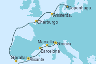 Visitando Copenhague (Dinamarca), Ámsterdam (Holanda), Cherburgo (Francia), Gibraltar (Inglaterra), Alicante (España), Barcelona, Marsella (Francia), Génova (Italia) Visitando Copenhague (Dinamarca), Ámsterdam (Holanda), Cherburgo (Francia), Gibraltar (Inglaterra), Alicante (España), Barcelona, Marsella (Francia), Génova (Italia)