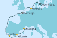 Visitando Copenhague (Dinamarca), Ámsterdam (Holanda), Cherburgo (Francia), Gibraltar (Inglaterra), Alicante (España), Barcelona Visitando Copenhague (Dinamarca), Ámsterdam (Holanda), Cherburgo (Francia), Gibraltar (Inglaterra), Alicante (España), Barcelona