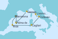 Visitando Barcelona, Ibiza (España), Cagliari (Cerdeña), Civitavecchia (Roma), Livorno, Pisa y Florencia (Italia), Cannes (Francia), Palma de Mallorca (España), Barcelona