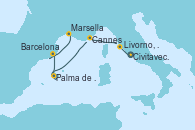 Visitando Civitavecchia (Roma), Livorno, Pisa y Florencia (Italia), Cannes (Francia), Palma de Mallorca (España), Barcelona y Marsella (Francia)