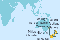 Visitando Auckland (Nueva Zelanda), Bay of Islands (Nueva Zelanda), Tauranga (Nueva Zelanda), Napier (Nueva Zelanda), Wellington (Nueva Zelanda), Christchurch (Nueva Zelanda), Dunedin (Nueva Zelanda), Dusky Sound (Nueva Zelanda), Doubtful Sound (Nueva Zelanda), Milfjord Sound (Nueva Zelanda), Sydney (Australia)