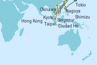 Visitando Tokio (Japón), Shimizu (Japón), Nagoya (Japón), Kyoto (Japón), Kyoto (Japón), Okinawa (Japón), Okinawa (Japón), Taipei (Taiwan), Hong Kong (China), Ciudad Ho Chi Minh (Vietnam), Singapur