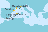 Visitando Málaga, Cartagena (Murcia), Palma de Mallorca (España), Marsella (Francia), Savona (Italia), Barcelona Visitando Málaga, Cartagena (Murcia), Palma de Mallorca (España), Marsella (Francia), Savona (Italia), Barcelona