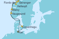 Visitando Kiel (Alemania), Copenhague (Dinamarca), Hellesylt (Noruega), Fiordo de Gerinager - Experiencia a bordo, Geiranger (Noruega), Maloy (Noruega), Haugesund (Noruega), Kiel (Alemania)
