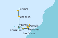 Visitando Santa Cruz de Tenerife (España), Fuerteventura (Canarias/España), Arrecife (Lanzarote/España), Atlantis crest Oeste - Experiencia a bordo, Las Palmas de Gran Canaria (España), Funchal (Madeira), Mar de las islas Canarias - Experiencia a bordo, Santa Cruz de Tenerife (España), Santa Cruz de Tenerife (España)