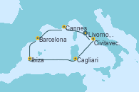 Visitando Livorno, Pisa y Florencia (Italia), Cannes (Francia), Barcelona, Ibiza (España), Cagliari (Cerdeña), Civitavecchia (Roma), Livorno, Pisa y Florencia (Italia)