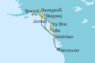 Visitando Vancouver (Canadá), Ketchikan (Alaska), Juneau (Alaska), Icy Strait Point (Alaska), Sitka (Alaska), Skagway (Alaska), Navegación por Glaciar Hubbard (Alaska), Seward (Alaska)