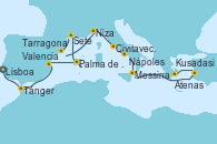 Visitando Lisboa (Portugal), Lisboa (Portugal), Tánger (Marruecos), Valencia, Palma de Mallorca (España), Sete (Francia), Tarragona (España), Tarragona (España), Niza (Francia), Civitavecchia (Roma), Nápoles (Italia), Messina (Sicilia), Kusadasi (Efeso/Turquía), Atenas (Grecia)