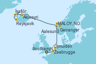 Visitando Southampton (Inglaterra), Zeebrugge (Bruselas), Ijmuiden (Ámsterdam), MALOY, NORWAY, Geiranger (Noruega), Aalesund (Noruega), Ísafjörður (Islandia), Akureyri (Islandia), Reykjavik (Islandia), Reykjavik (Islandia)
