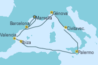 Visitando Marsella (Francia), Barcelona, Génova (Italia), Civitavecchia (Roma), Palermo (Italia), Ibiza (España), Valencia y Marsella (Francia)