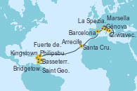 Visitando Génova (Italia), Civitavecchia (Roma), La Spezia, Florencia y Pisa (Italia), Marsella (Francia), Barcelona, Arrecife (Lanzarote/España), Santa Cruz de Tenerife (España), Philipsburg (St. Maarten), Basseterre (Antillas), Kingstown (Granadinas), Bridgetown (Barbados), Saint George (Grenada) y Fuerte de France (Martinica)