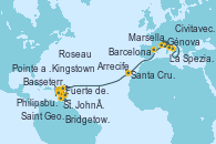 Visitando Génova (Italia), Civitavecchia (Roma), La Spezia, Florencia y Pisa (Italia), Marsella (Francia), Barcelona, Arrecife (Lanzarote/España), Santa Cruz de Tenerife (España), Philipsburg (St. Maarten), Basseterre (Antillas), Kingstown (Granadinas), Bridgetown (Barbados), Saint George (Grenada), Fuerte de France (Martinica), Pointe a Pitre (Guadalupe), St. John´s (Antigua y Barbuda), Philipsburg (St. Maarten), Basseterre (Antillas), Roseau (Dominica), Fuerte de France (Martinica) Visitando Génova (Italia), Civitavecchia (Roma), La Spezia, Florencia y Pisa (Italia), Marsella (Francia), Barcelona, Arrecife (Lanzarote/España), Santa Cruz de Tenerife (España), Philipsburg (St. Maarten), Basseterre (Antillas), Kingstown (Granadinas), Bridgetown (Barbados), Saint George (Grenada), Fuerte de France (Martinica), Pointe a Pitre (Guadalupe), St. John´s (Antigua y Barbuda), Philipsburg (St. Maarten), Basseterre (Antillas), Roseau (Dominica), Fuerte de France (Martinica)