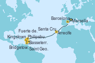 Visitando Marsella (Francia), Barcelona, Arrecife (Lanzarote/España), Santa Cruz de Tenerife (España), Philipsburg (St. Maarten), Basseterre (Antillas), Kingstown (Granadinas), Bridgetown (Barbados), Saint George (Grenada) y Fuerte de France (Martinica)