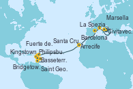 Visitando Civitavecchia (Roma), La Spezia, Florencia y Pisa (Italia), Marsella (Francia), Barcelona, Arrecife (Lanzarote/España), Santa Cruz de Tenerife (España), Philipsburg (St. Maarten), Basseterre (Antillas), Kingstown (Granadinas), Bridgetown (Barbados), Saint George (Grenada) y Fuerte de France (Martinica)