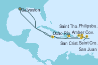 Visitando Galveston (Texas), Ocho Ríos (Jamaica), Saint Croix (Islas Vírgenes), Philipsburg (St. Maarten), San Cristóbal y Nieves, Saint Thomas (Islas Vírgenes), San Juan (Puerto Rico), Amber Cove (República Dominicana), Galveston (Texas)
