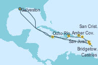 Visitando Galveston (Texas), Ocho Ríos (Jamaica), Bridgetown (Barbados), Castries (Santa Lucía/Caribe), San Cristóbal y Nieves, San Juan (Puerto Rico), Amber Cove (República Dominicana), Galveston (Texas)